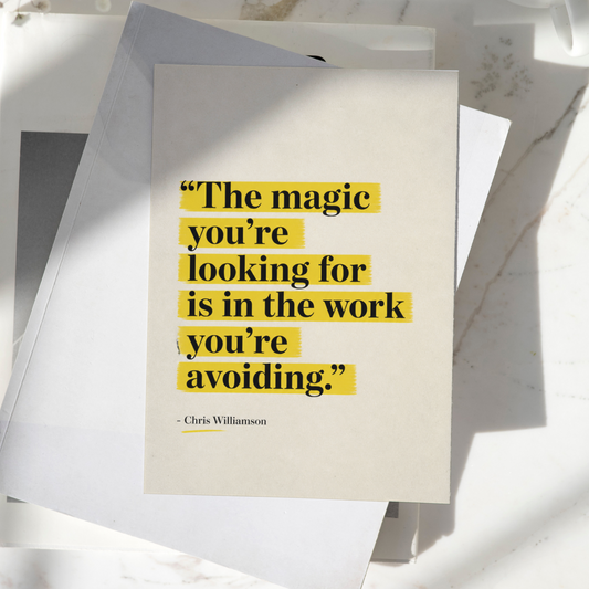 The Magic You're Looking For Is In The Work You're Avoiding motivational poster displayed on a desk, featuring minimalist typography with yellow highlighted text, premium inspirational wall art print.