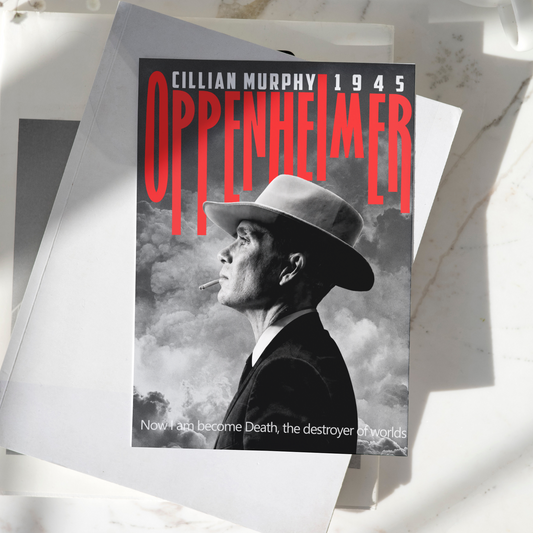 Oppenheimer movie poster featuring J. Robert Oppenheimer portrayed by Cillian Murphy, premium wall art print for bedroom, office, and movie room decor.