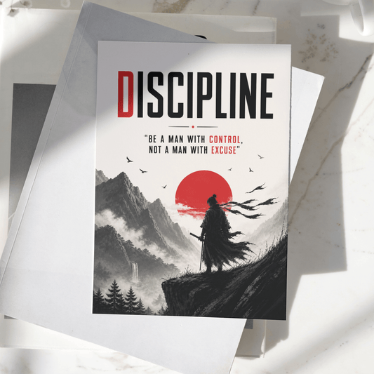 Discipline motivational poster displayed on a desk, featuring a lone warrior silhouette, mountain landscape, and red sun artwork, premium inspirational wall art print.