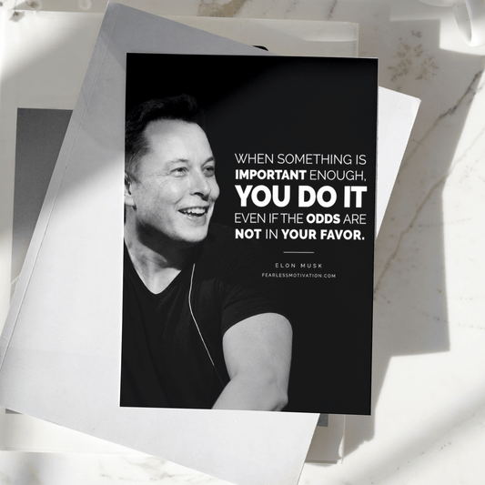 Elon Musk motivational poster displayed on a desk, featuring an inspirational quote about persistence and determination, premium entrepreneur wall art print.