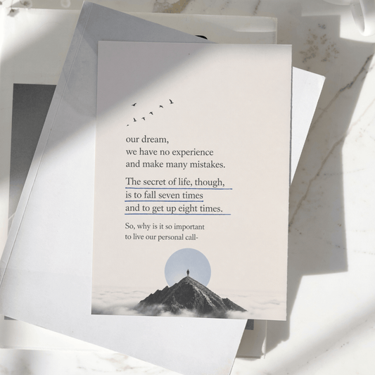 Persistence and resilience motivational quote poster displayed on a desk, featuring a mountain peak illustration and inspirational message about learning from failure, premium wall art print.