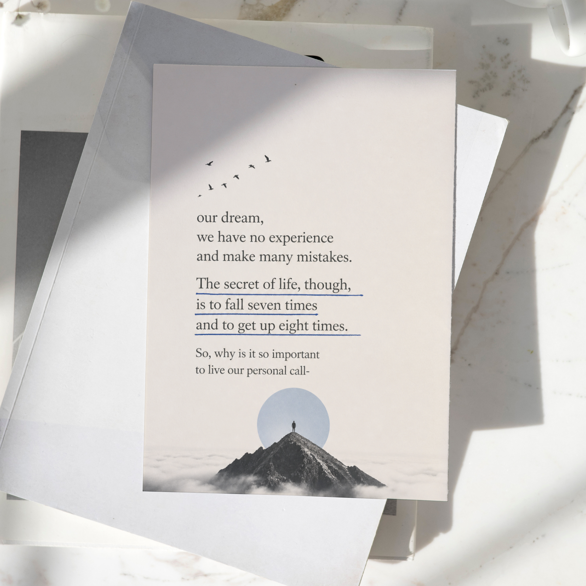 Persistence and resilience motivational quote poster displayed on a desk, featuring a mountain peak illustration and inspirational message about learning from failure, premium wall art print.