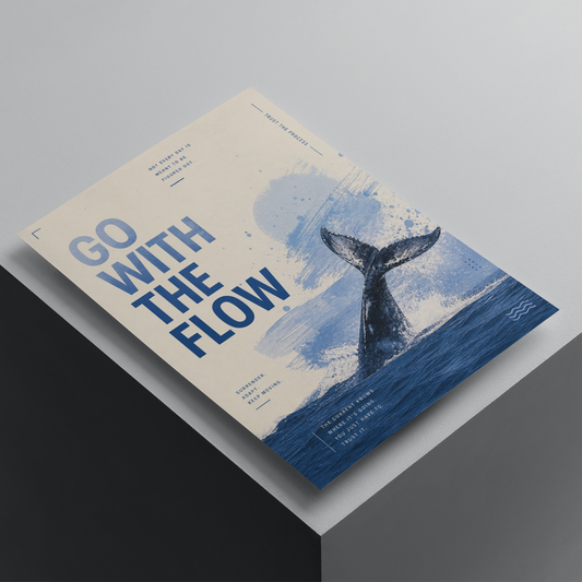 Go With The Flow motivational poster featuring a whale tail emerging from the ocean, inspirational wall art with calming blue aesthetic design