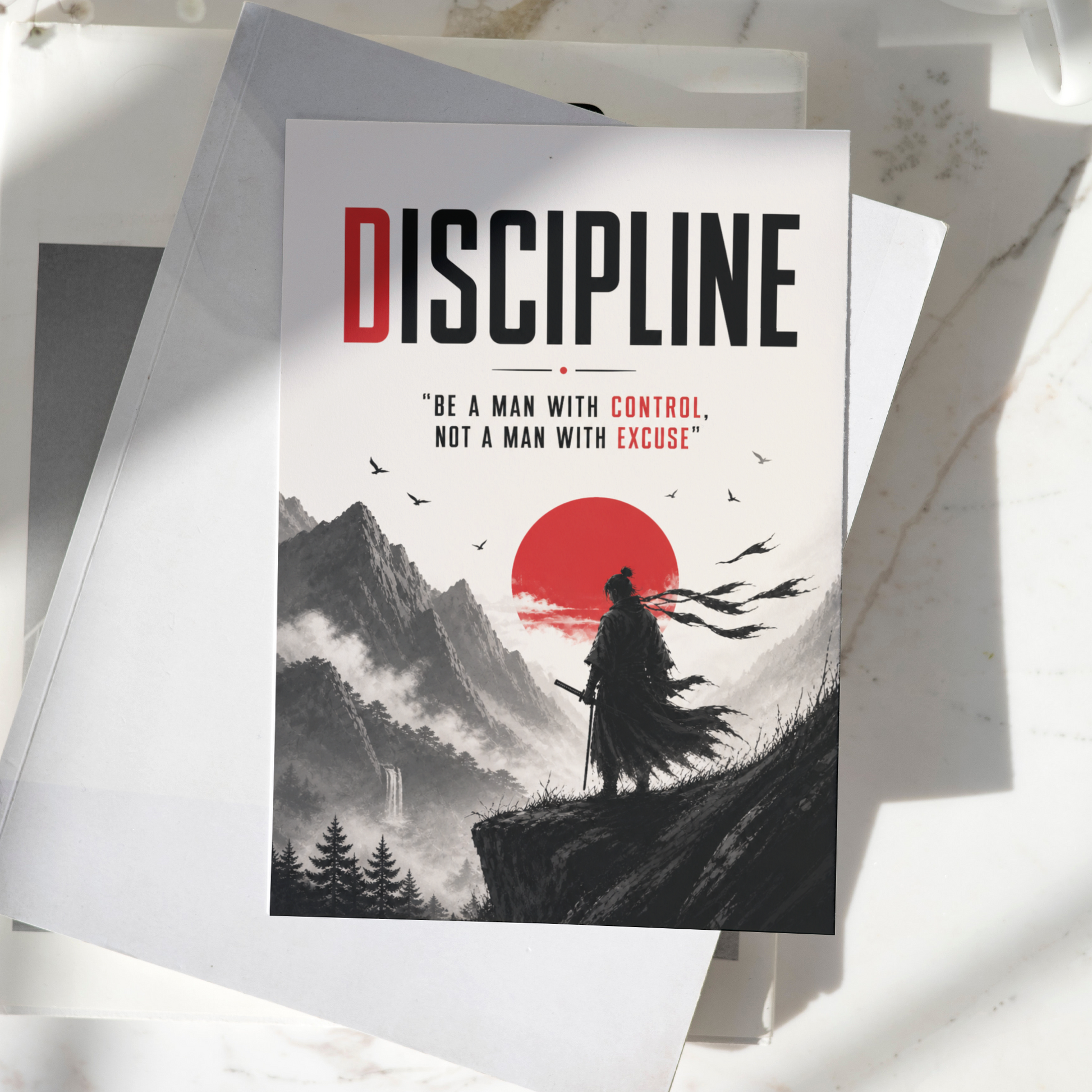 Discipline motivational poster displayed on a desk, featuring a lone warrior silhouette, mountain landscape, and red sun artwork, premium inspirational wall art print.