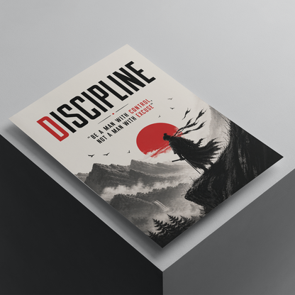 Discipline motivational poster featuring a lone warrior and red sun landscape, inspirational wall art promoting self-control, focus, and personal growth.