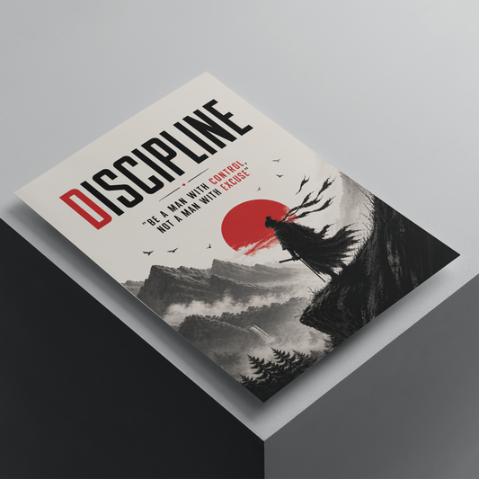 Discipline motivational poster featuring a lone warrior and red sun landscape, inspirational wall art promoting self-control, focus, and personal growth.