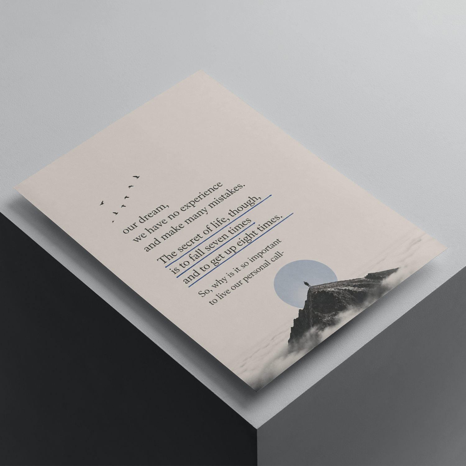 Motivational quote poster about persistence and learning from failure, featuring a minimalist mountain landscape and inspirational typography, premium wall art print