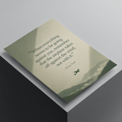 Henry Ford motivational quote poster featuring an airplane silhouette over mountains, inspirational wall art about perseverance, resilience, and success