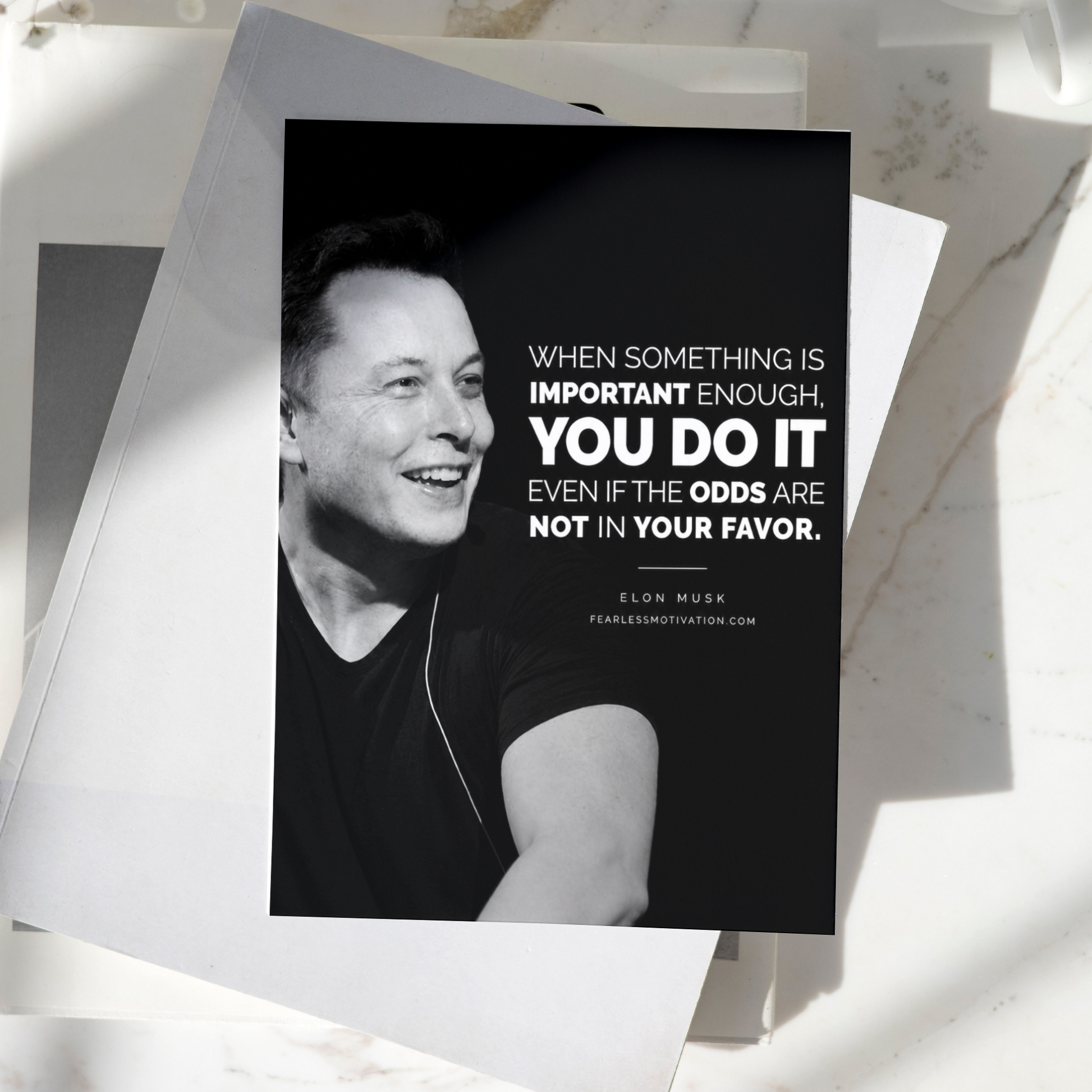 Elon Musk motivational poster displayed on a desk, featuring an inspirational quote about persistence and determination, premium entrepreneur wall art print.