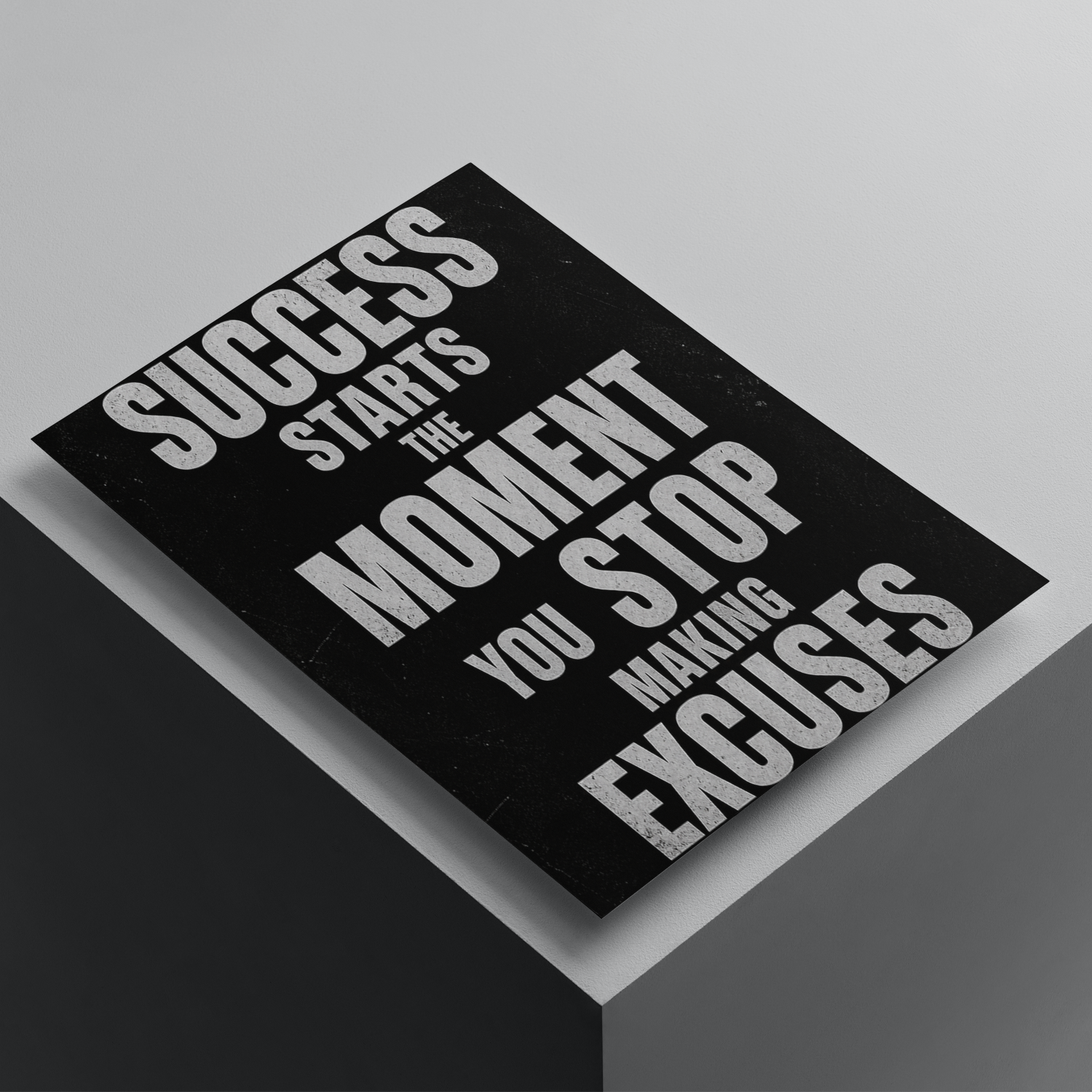 Success Starts The Moment You Stop Making Excuses motivational poster featuring bold typography, premium inspirational wall art for productivity and self-discipline.