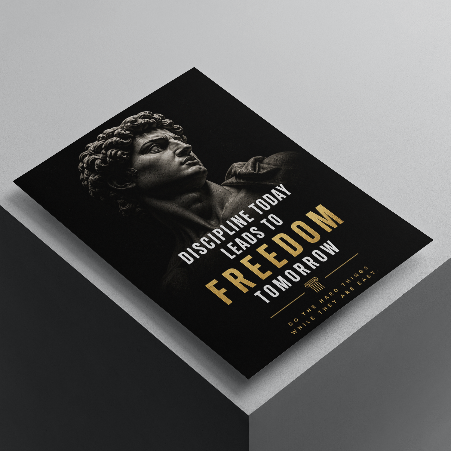 Discipline Today Leads to Freedom Tomorrow motivational poster featuring a classical statue sculpture and bold typography, premium inspirational wall art print.