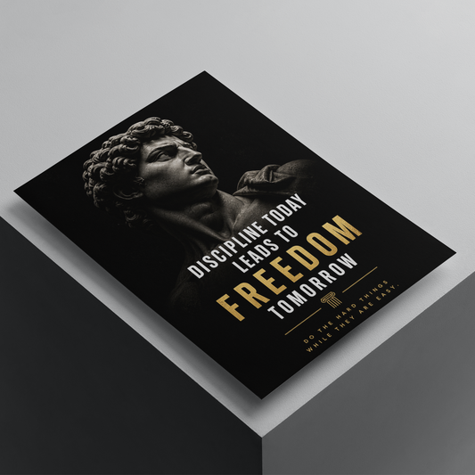 Discipline Today Leads to Freedom Tomorrow motivational poster featuring a classical statue sculpture and bold typography, premium inspirational wall art print.