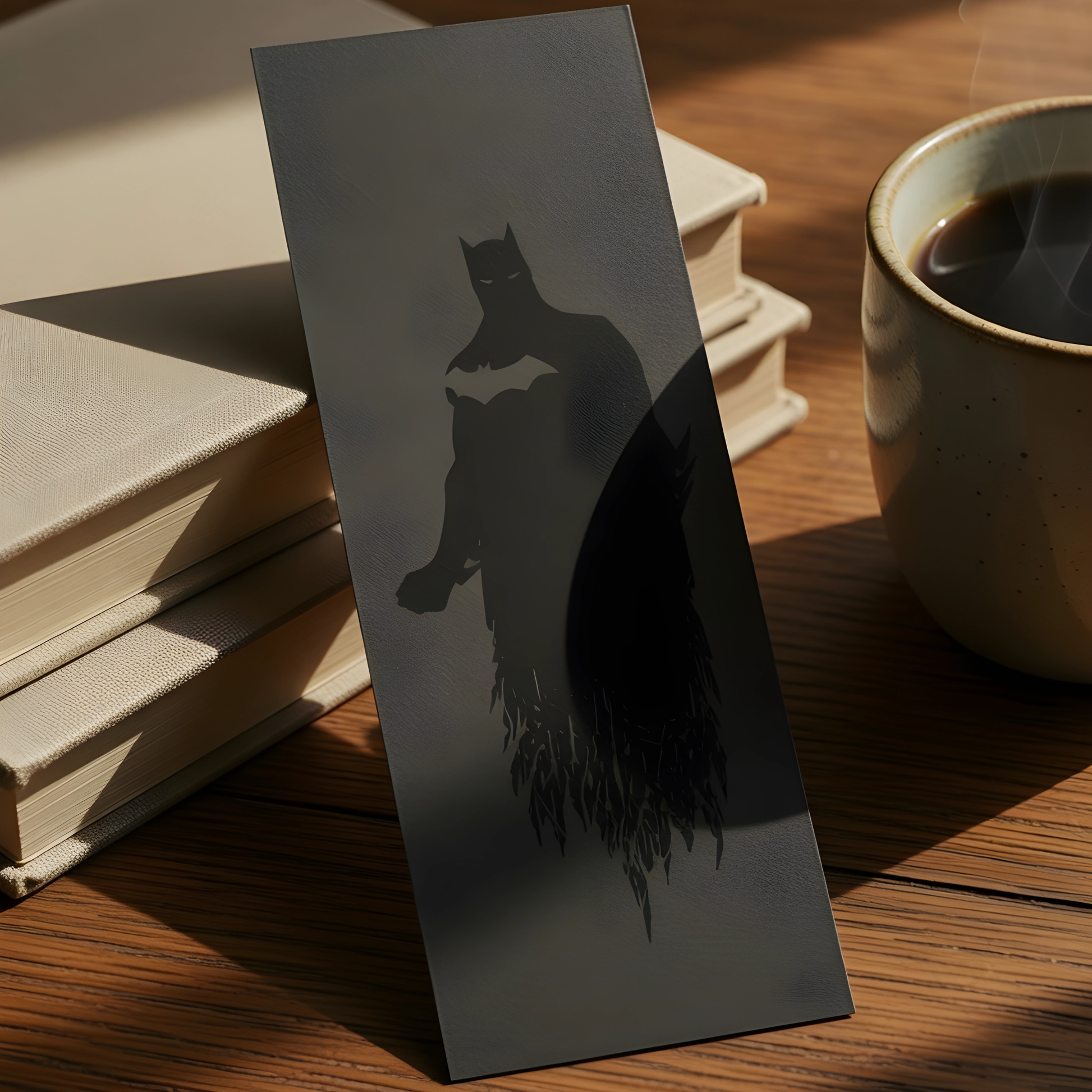 Batman silhouette bookmark displayed beside books and a coffee cup, premium superhero bookmark for readers, students, and comic fans