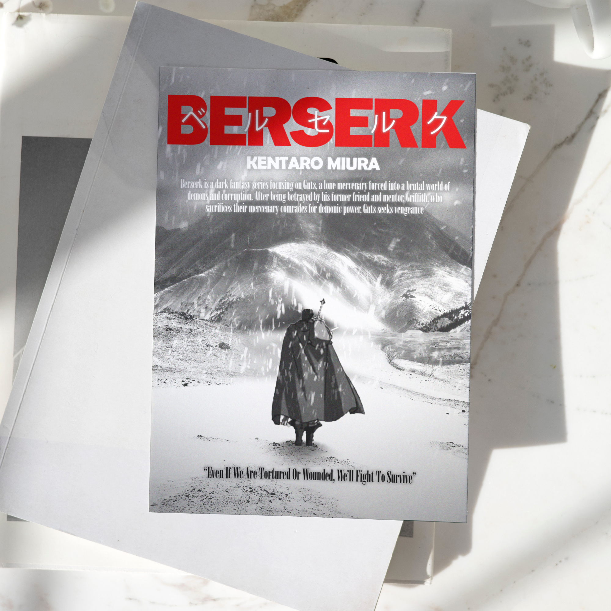 Berserk anime poster featuring Guts standing in a snowy battlefield, monochrome artwork with bold red typography, premium anime wall art print
