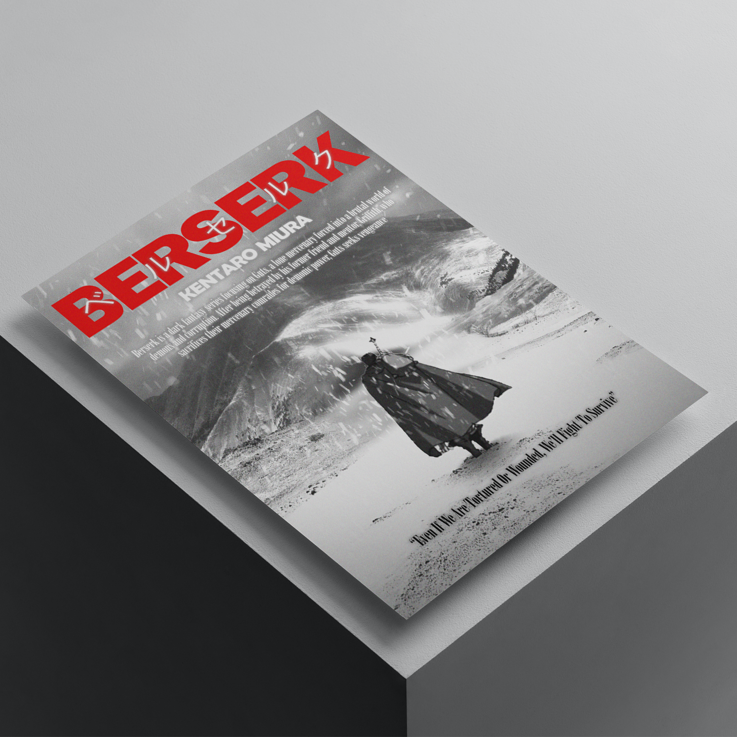 Berserk anime poster featuring Guts standing in a snowy battlefield, monochrome artwork with bold red typography, premium anime wall art print