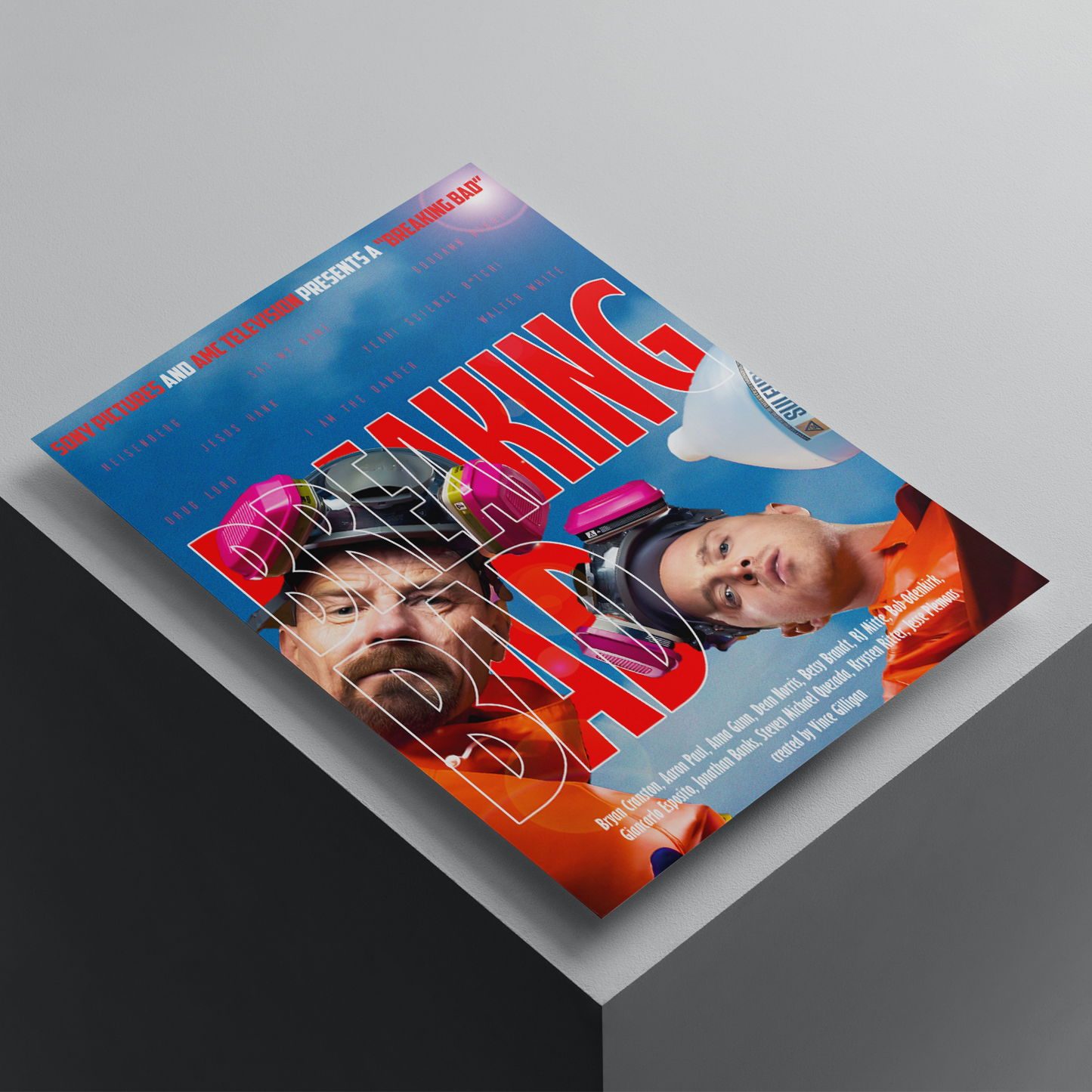 Breaking Bad poster featuring Walter White and Jesse Pinkman in a premium A4 print mockup, TV series wall art for bedroom and gaming room decor.