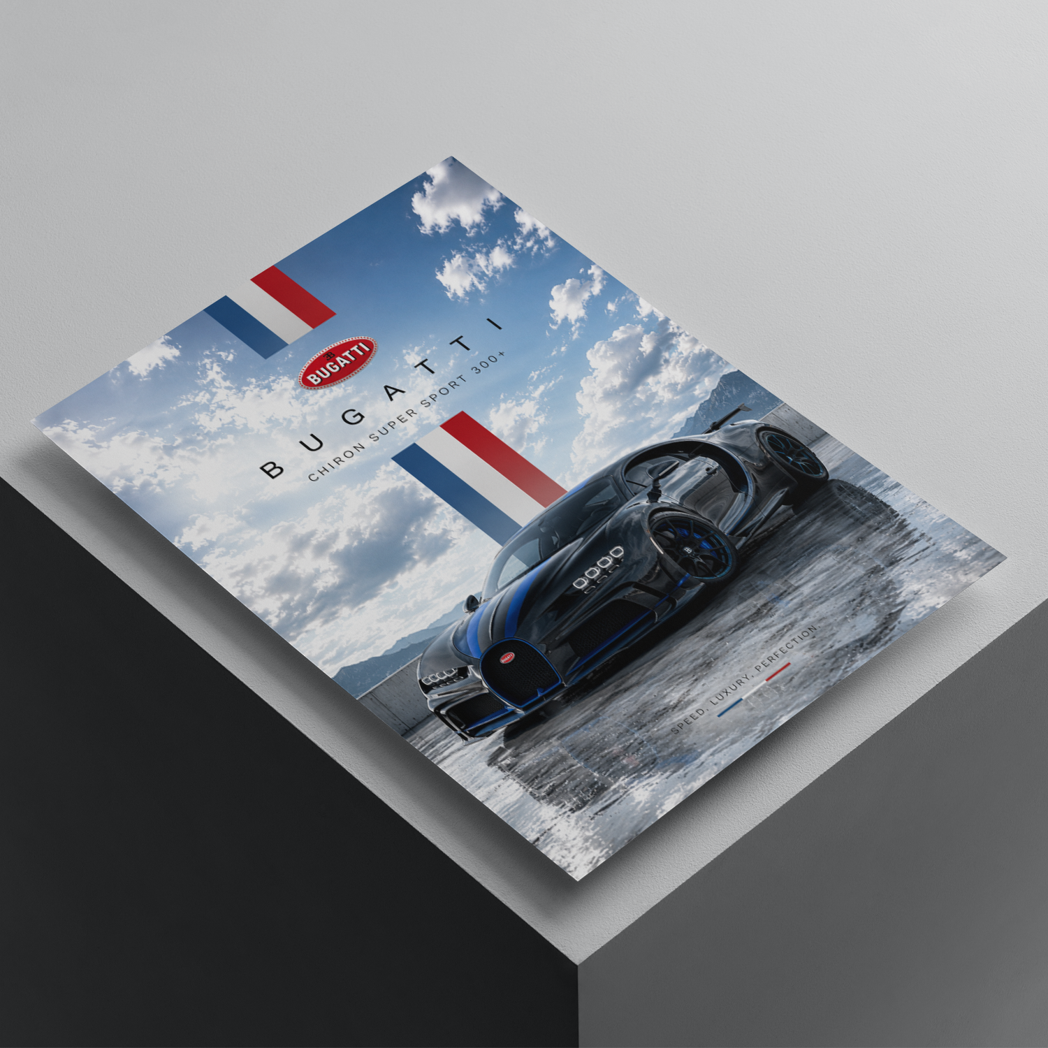 Bugatti Chiron Super Sport 300+ poster featuring a black hypercar on a scenic road, premium automotive wall art for car enthusiasts.