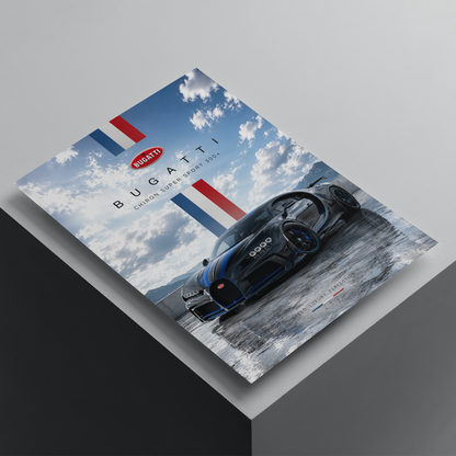 Bugatti Chiron Super Sport 300+ poster featuring a black hypercar on a scenic road, premium automotive wall art for car enthusiasts.