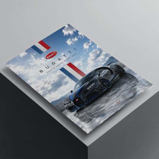Bugatti Chiron Super Sport 300+ poster featuring a black hypercar on a scenic road, premium automotive wall art for car enthusiasts.