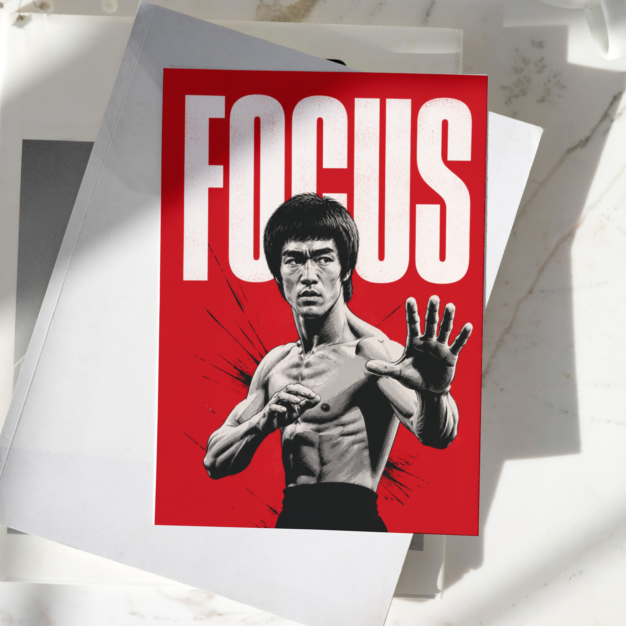 Bruce Lee focus poster featuring the legendary martial artist in a fighting stance with bold red background, premium motivational wall art print