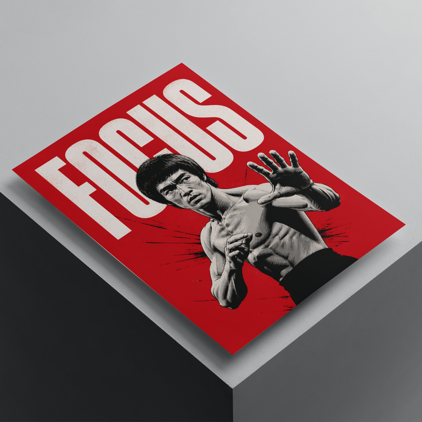 Bruce Lee focus poster featuring the legendary martial artist in a fighting stance with bold red background, premium motivational wall art print