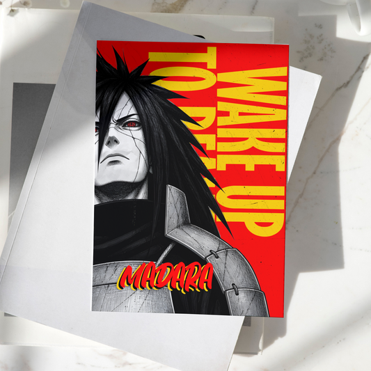Madara Uchiha poster displayed on a desk, featuring the iconic Naruto Shippuden character with Sharingan eyes and bold red graphic design, premium anime wall art