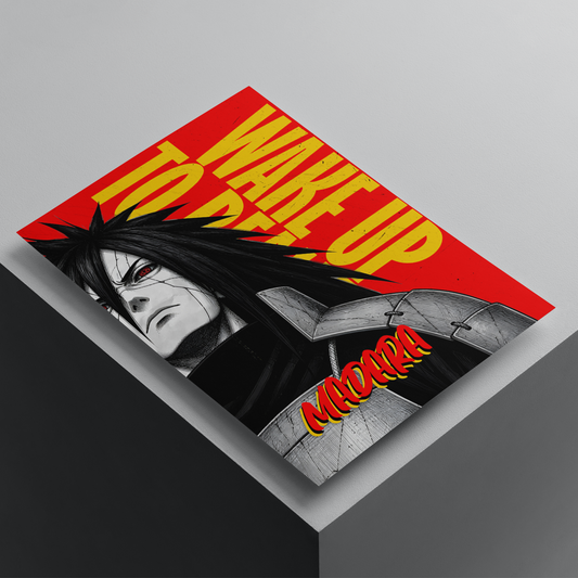 Madara Uchiha anime poster featuring the legendary Naruto villain with bold red and yellow typography, premium anime wall art print