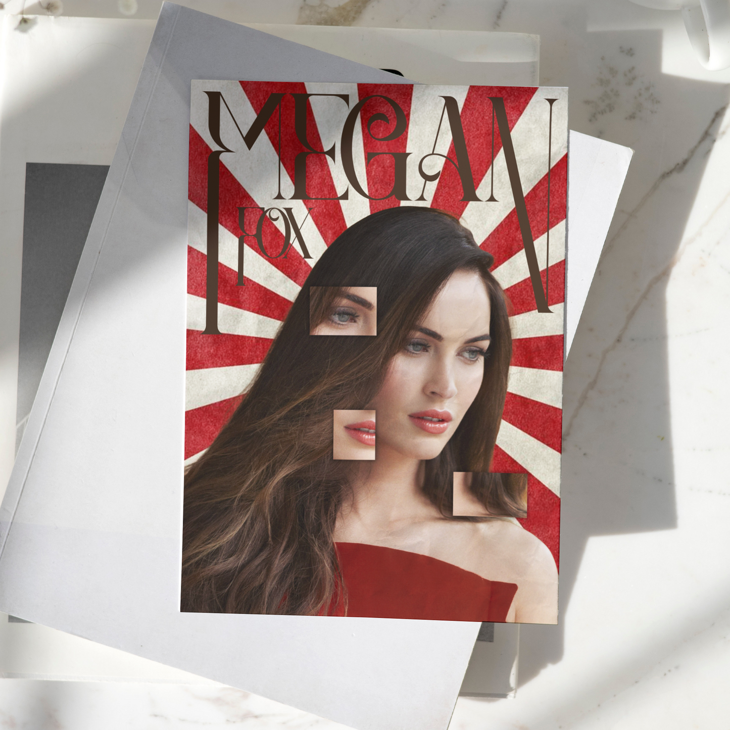 Megan Fox poster featuring a creative collage portrait design displayed on a desk, premium celebrity wall art print with red vintage background.