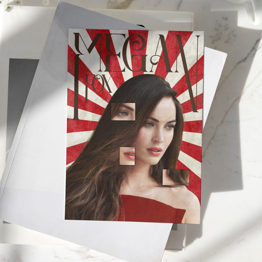 Megan Fox poster featuring a creative collage portrait design displayed on a desk, premium celebrity wall art print with red vintage background.