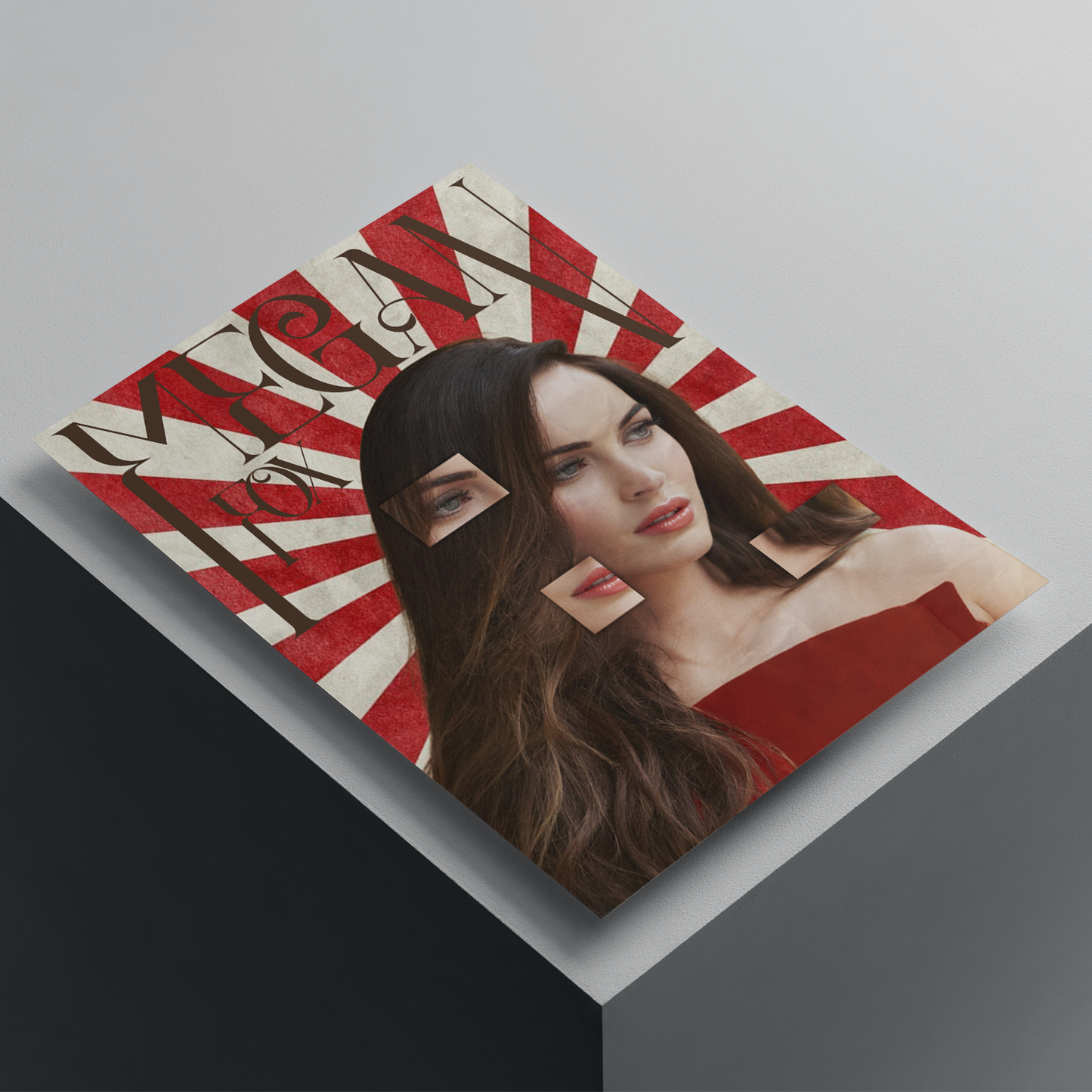 Megan Fox fashion poster featuring a creative collage design with red and white geometric background, premium celebrity wall art print.