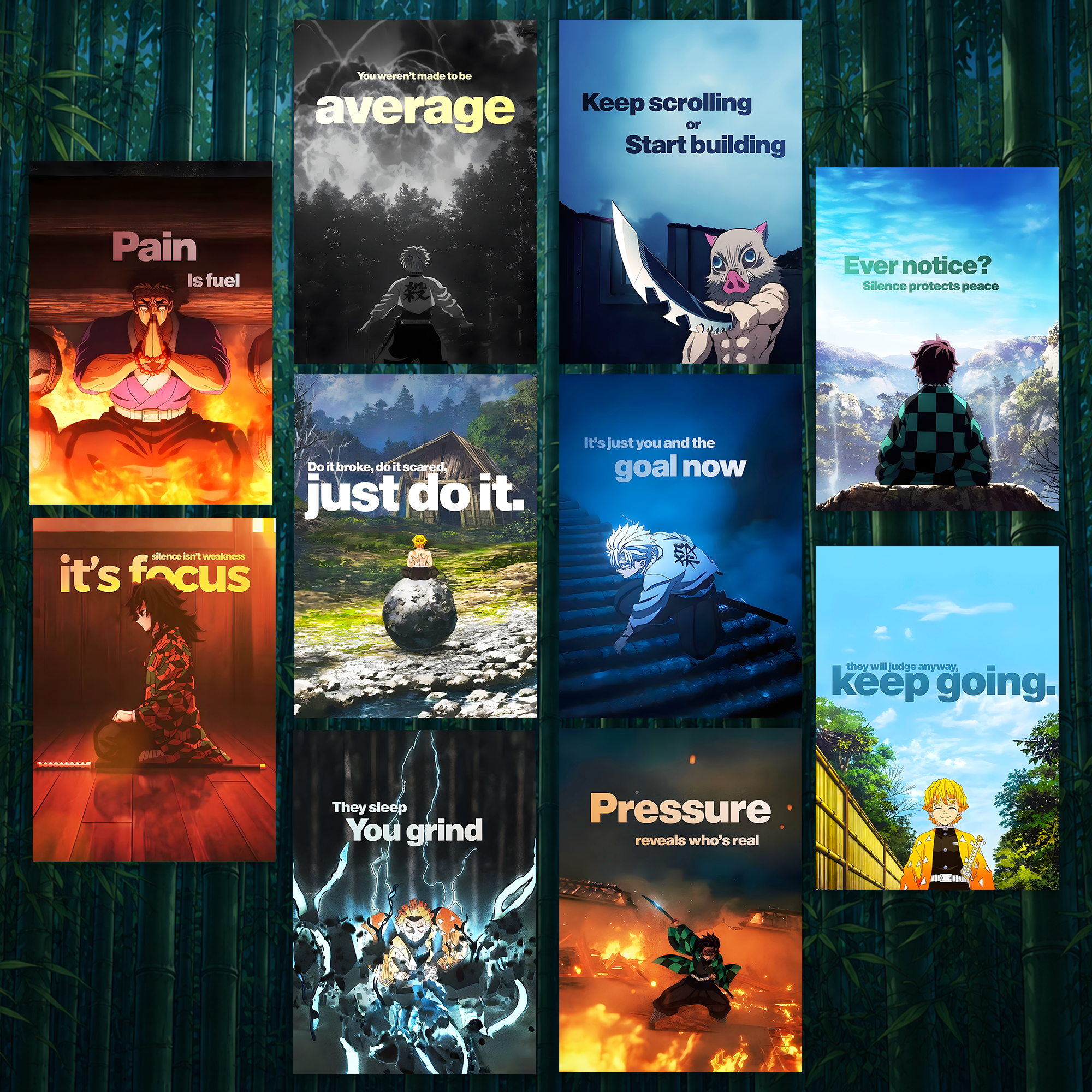 Motivational anime poster collection featuring inspirational quotes and anime characters, aesthetic wall decor for bedroom, study room, and gaming setup