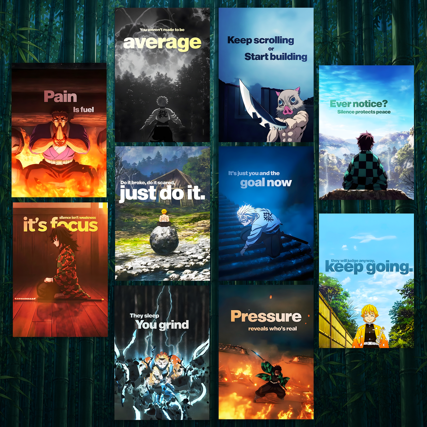 Motivational anime poster collection featuring inspirational quotes and anime characters, aesthetic wall decor for bedroom, study room, and gaming setup