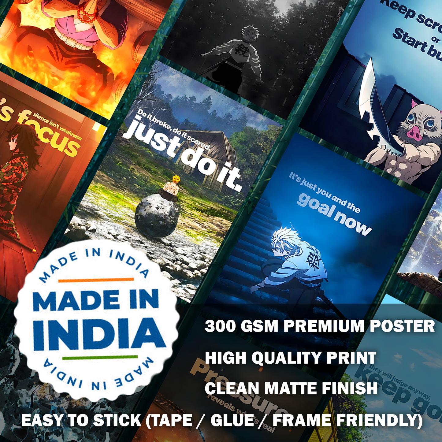 Motivational Anime Poster Collection printed on premium 300 GSM paper with high-quality print and clean matte finish, Made in India wall decor.