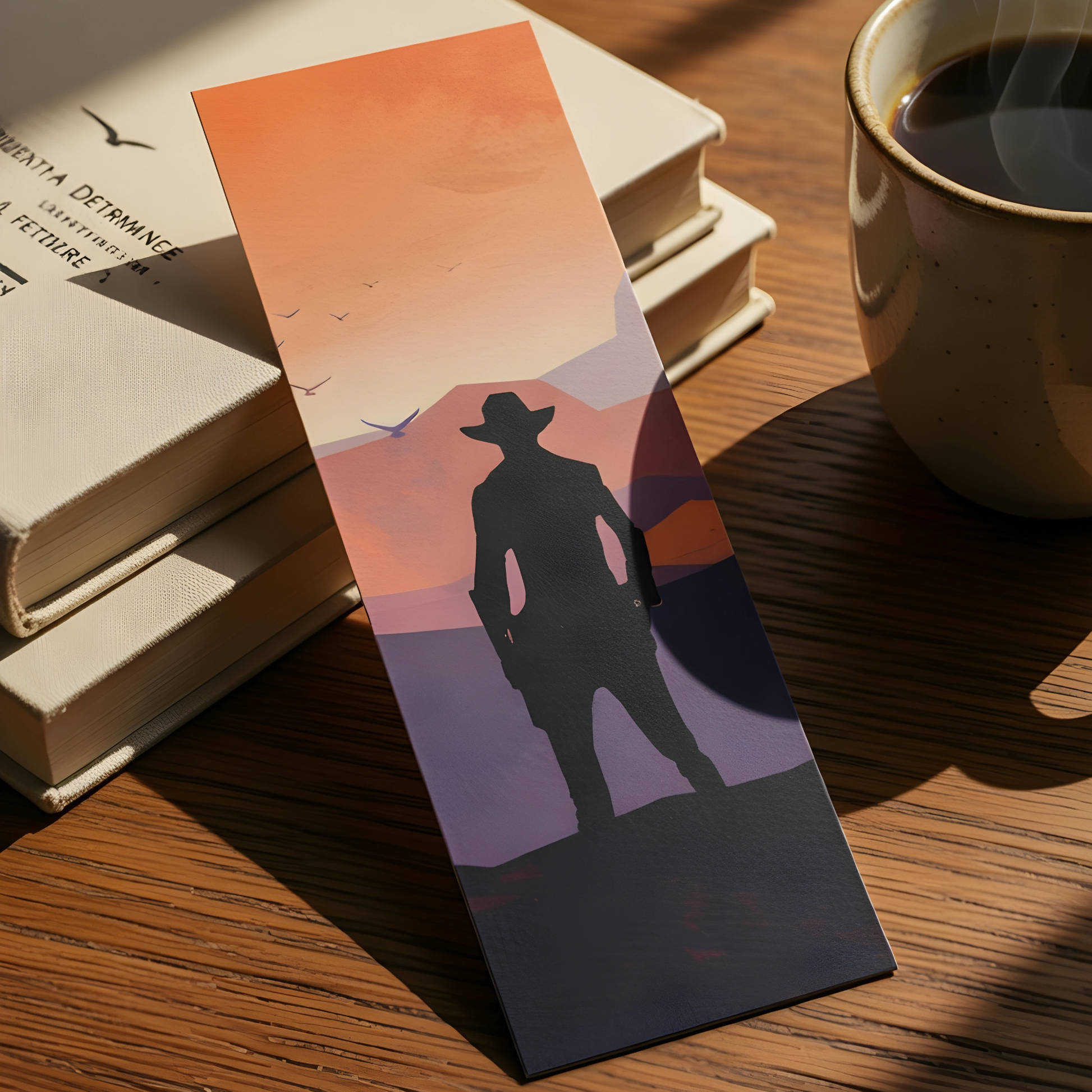 Cowboy silhouette bookmark displayed beside books and a coffee cup, featuring a western desert sunset landscape, premium bookmark for readers and adventure lovers.