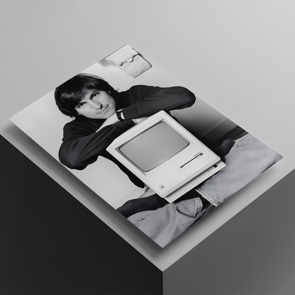 Steve Jobs black and white poster featuring the Apple co-founder with a vintage Macintosh computer, premium tech-inspired wall art print.