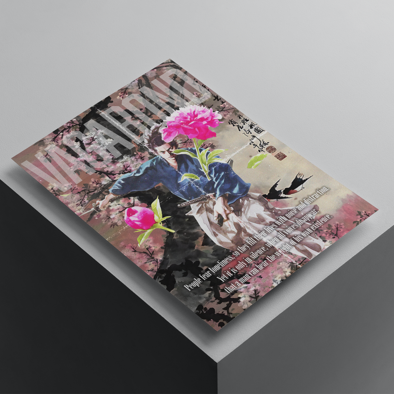 Vagabond anime poster featuring Miyamoto Musashi surrounded by cherry blossoms and floral artwork, premium manga-inspired wall art print