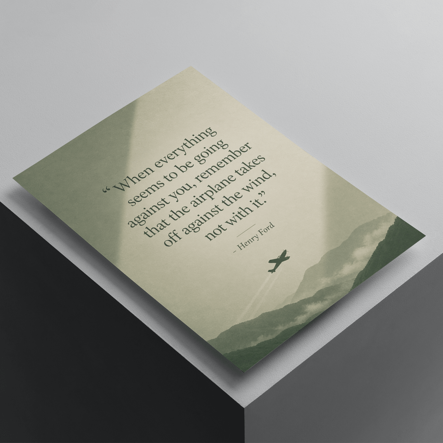 Henry Ford motivational quote poster featuring an airplane silhouette over mountains, inspirational wall art about perseverance, resilience, and success