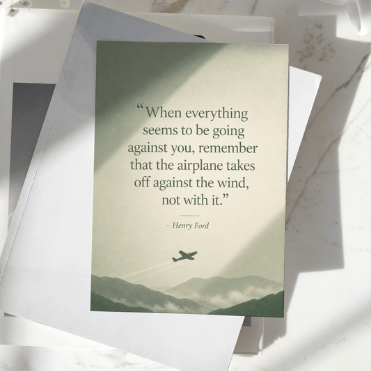 Henry Ford motivational quote poster displayed on a desk, featuring a vintage airplane silhouette and mountain landscape, premium inspirational wall art print.