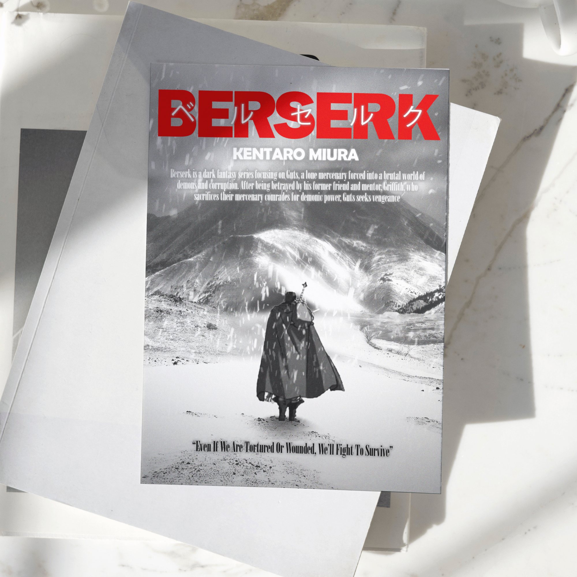 Berserk anime poster featuring Guts standing in a snowy battlefield, monochrome artwork with bold red typography, premium anime wall art print