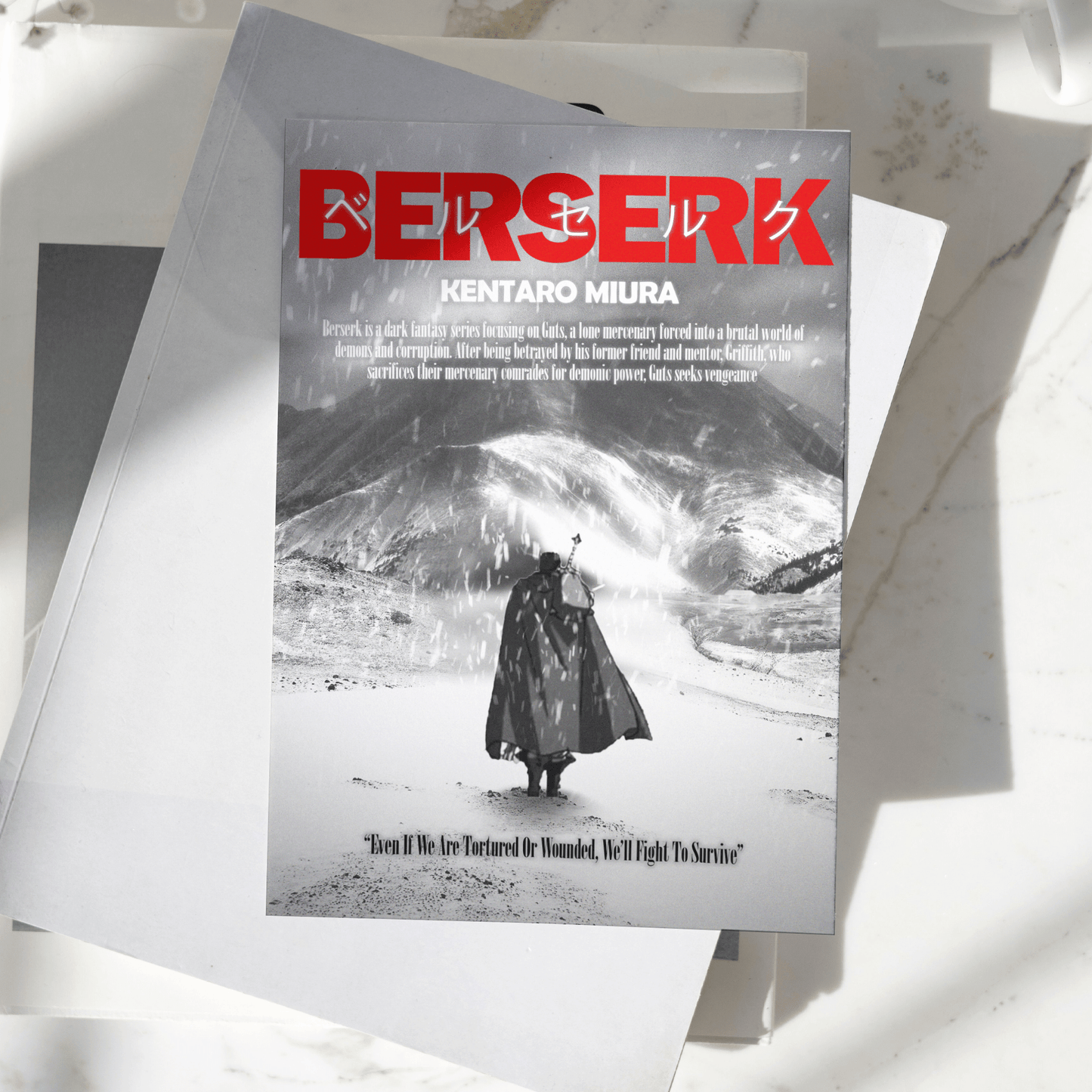 Berserk poster displayed on a desk, featuring Guts standing in a snowy landscape with bold red typography, premium anime wall art print inspired by Kentaro Miura's Berserk.