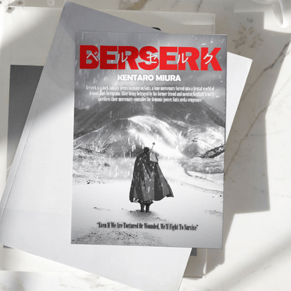 Berserk poster displayed on a desk, featuring Guts standing in a snowy landscape with bold red typography, premium anime wall art print inspired by Kentaro Miura's Berserk.