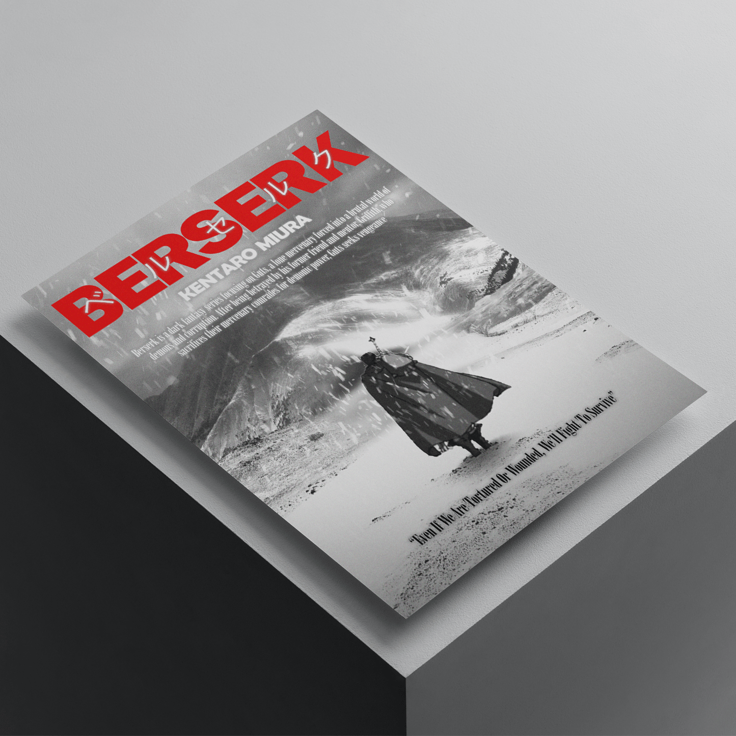 Berserk anime poster featuring Guts standing in a snowy battlefield, monochrome artwork with bold red typography, premium anime wall art print