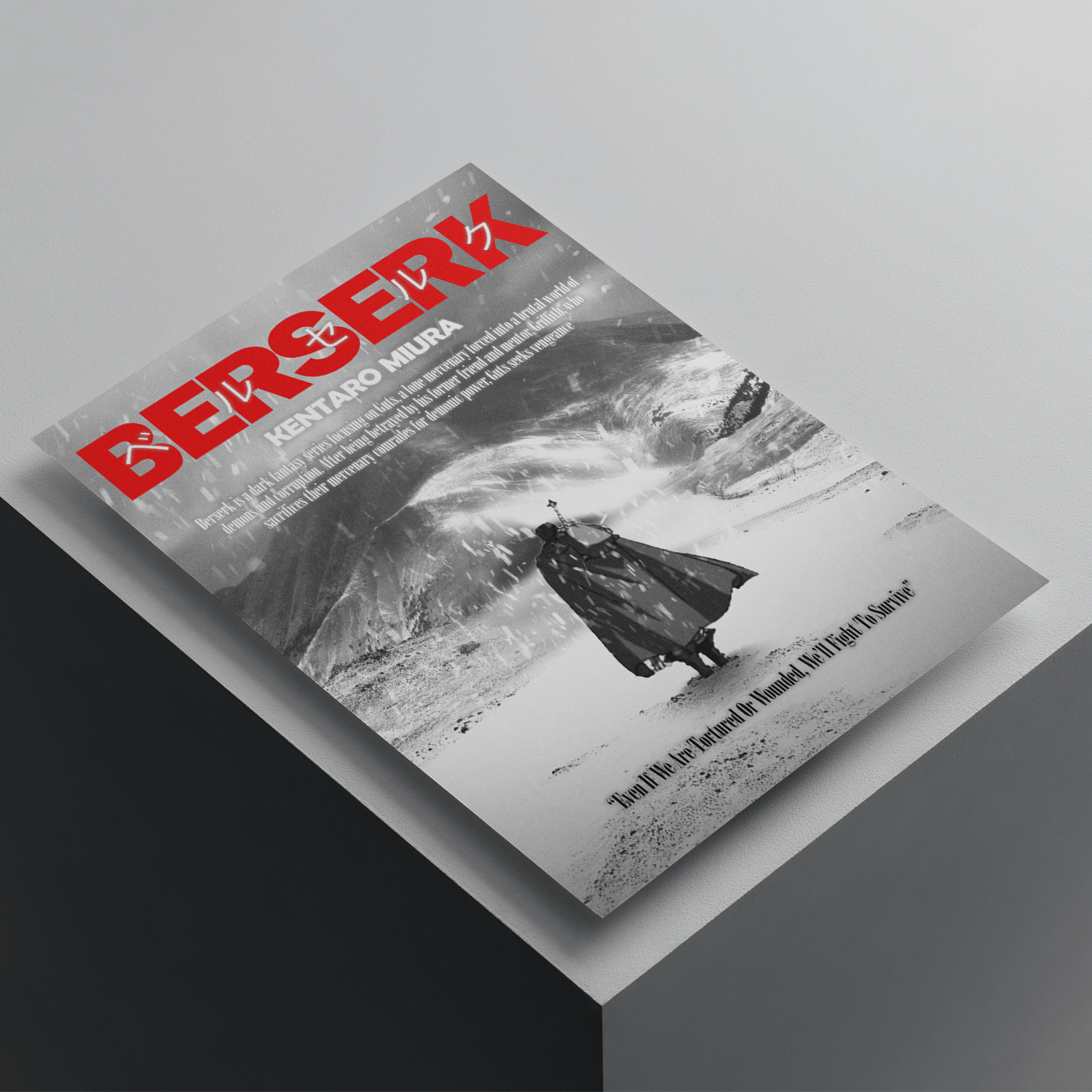 Berserk anime poster featuring Guts standing in a snowy battlefield, monochrome artwork with bold red typography, premium anime wall art print