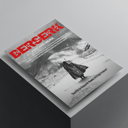 Berserk anime poster featuring Guts standing in a snowy battlefield, monochrome artwork with bold red typography, premium anime wall art print