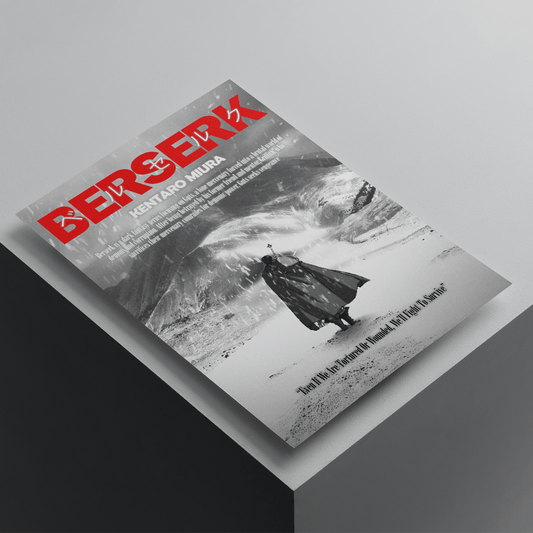 Berserk anime poster featuring Guts standing in a snowy battlefield, monochrome artwork with bold red typography, premium anime wall art print