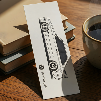 BMW M3 E30 bookmark displayed beside books and a coffee cup, premium automotive bookmark for car enthusiasts, readers, and collectors.