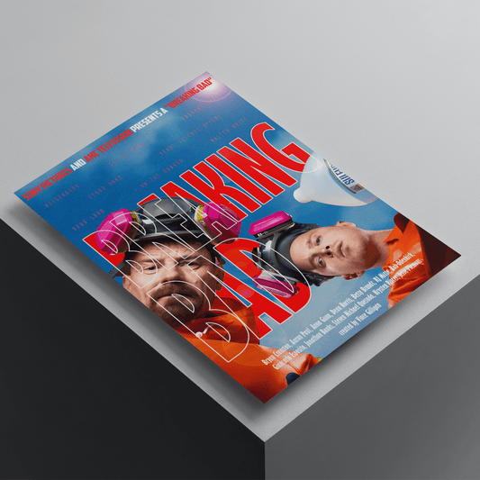 Breaking Bad poster featuring Walter White and Jesse Pinkman in a premium A4 print mockup, TV series wall art for bedroom and gaming room decor.
