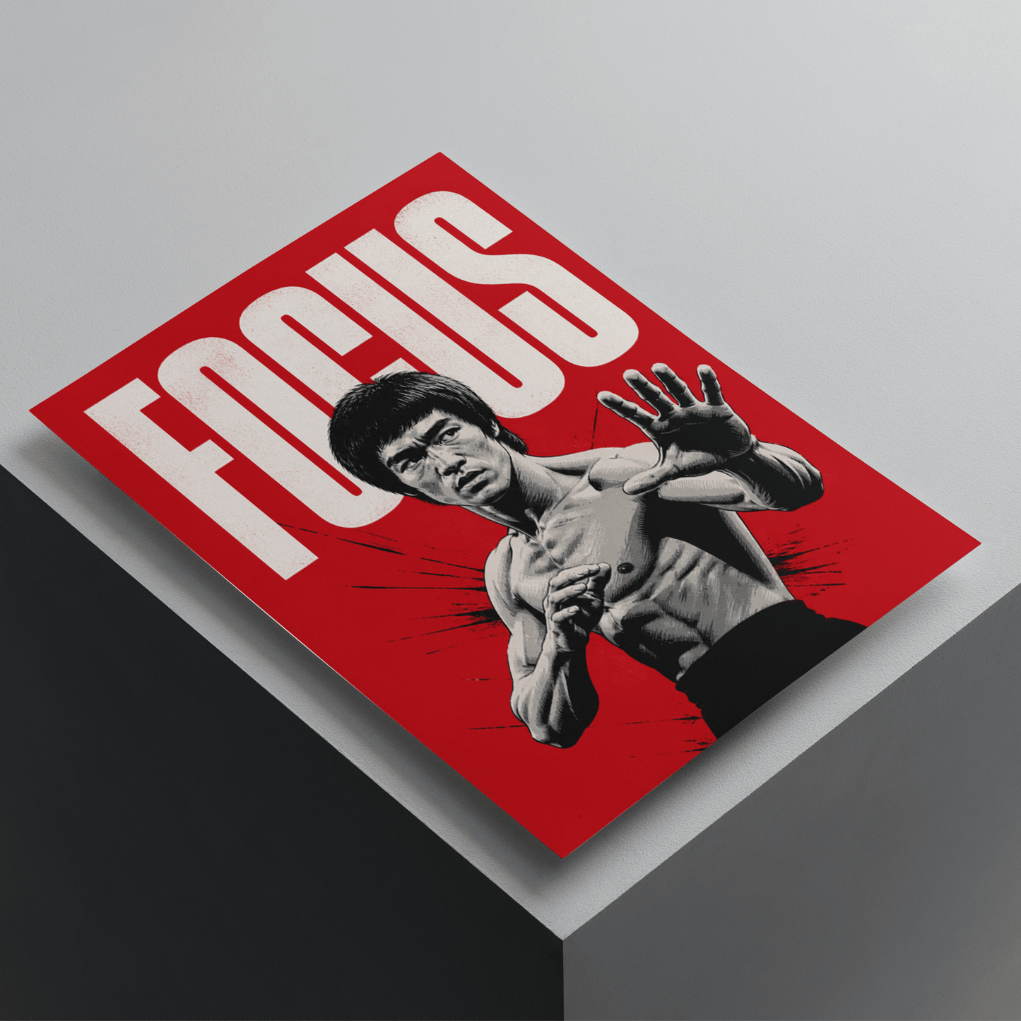 Bruce Lee focus poster featuring the legendary martial artist in a fighting stance with bold red background, premium motivational wall art print