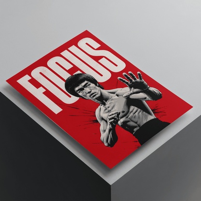 Bruce Lee focus poster featuring the legendary martial artist in a fighting stance with bold red background, premium motivational wall art print