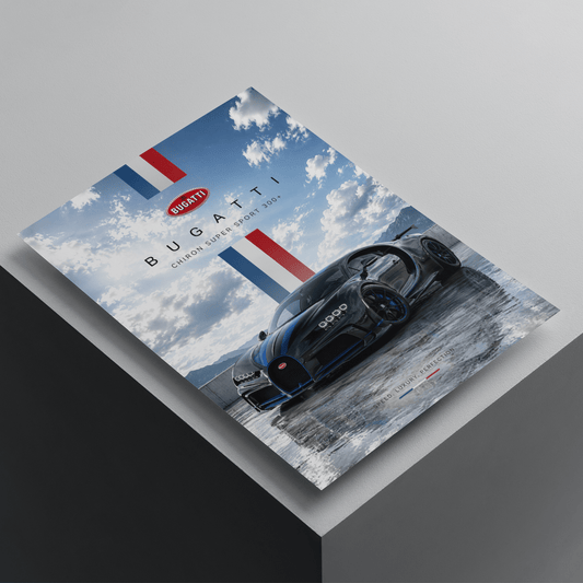 Bugatti Chiron Super Sport 300+ poster featuring a black hypercar on a scenic road, premium automotive wall art for car enthusiasts.